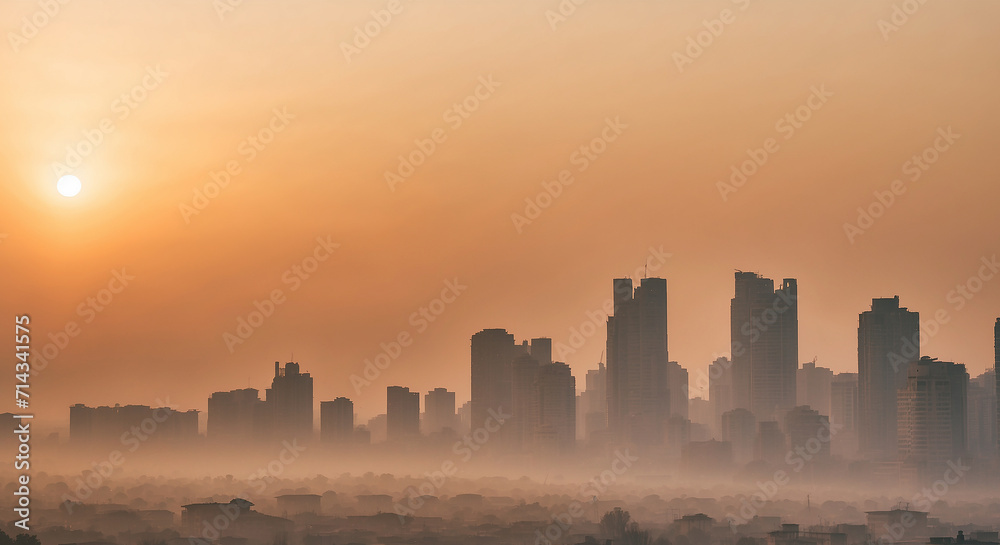 city skyline at sunset, silhouettes of buildings, misty mood, panorama