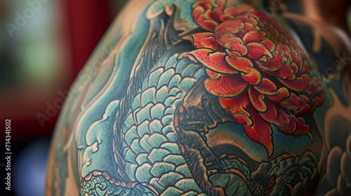 Close up of shoulder and arm with colorful tattoo.     © Emil