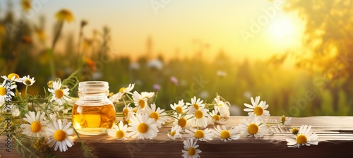 Chamomile tea and daisies composition on defocused background with space for text placement photo