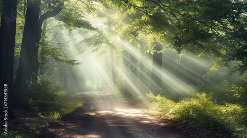  a dirt road in the middle of a forest with bright beams of light coming through the trees on either side of the road is a dirt path that runs through the woods.