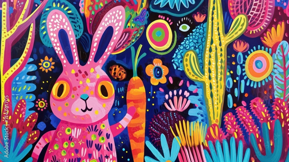  a painting of a rabbit surrounded by cacti and succulents on a dark blue background with a pink rabbit in the center of the image is surrounded by cacti.