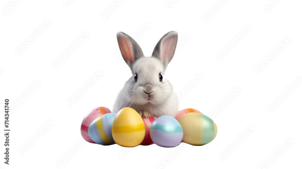 Bunny surrounded with colorful Easter eggs in PNG Bunny surrounded with colorful Easter eggs in PNG