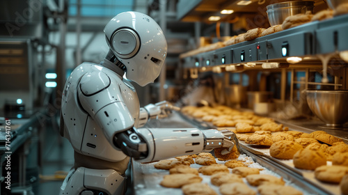 Autonomous robotic helper skillfully prepares sweet cookies in bakery factory photo