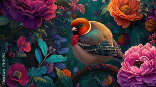  a painting of a bird sitting on a branch in front of a bunch of flowers on a green background with pink, red, orange, purple, and yellow flowers.