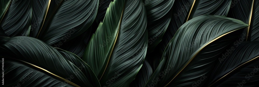Abstract black tropical leaf textures for dark nature background with copy space