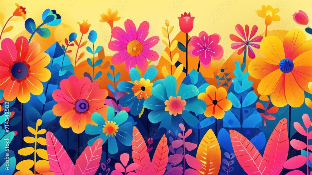  a painting of colorful flowers and leaves on a yellow background with a blue sky in the background and a yellow sky in the middle of the picture is a yellow background.