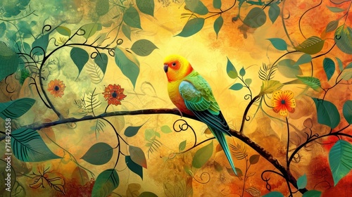  a painting of a colorful bird perched on a branch with leaves and flowers on a yellow, green, red, orange, and yellow background of leaves and yellow colors. © Anna