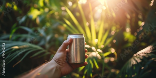 Blank can with sunlit greenery backdrop photo