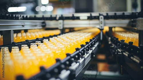 Modern beverage factory interior with juice bottles on belt conveyor, industrial equipment photo