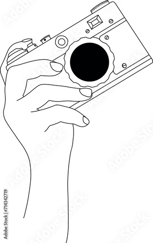 Drawing of a right hand holding a camera in an old style front view
