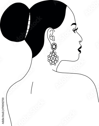 Hand drawn girl from the back with big earrings and tied up hair, head silhouetted from the side