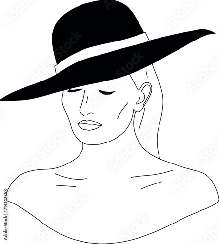 Hand-drawn girl with a calm face in a stylish wide black hat and with closed eyes