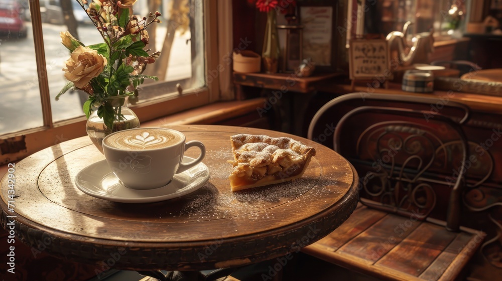  a cup of coffee and a piece of pie on a table in front of a window with a view of the street outside of the window and a bench with a vase of flowers. - obrazy, fototapety, plakaty 