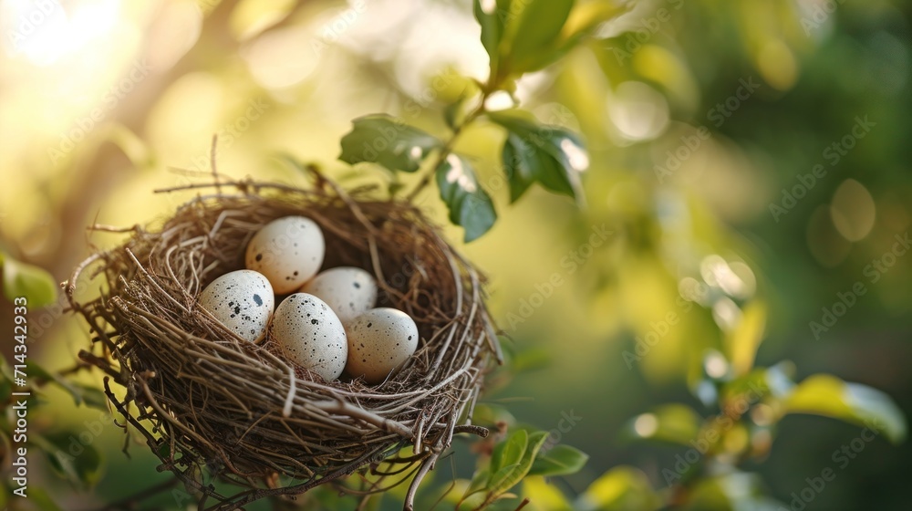 a bird's nest with four eggs sitting on top of a tree branch in front of a blurry background of a leafy green leafy tree branch. a bird's nest with four eggs sitting on top of a tree branch in front of a blurry background of a leafy green leafy tree branch.
