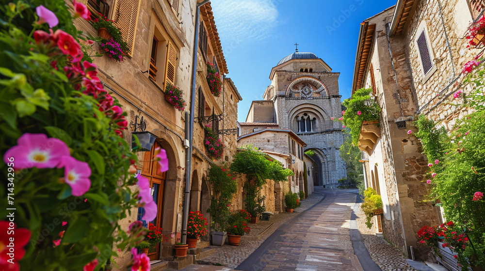 Romanesque cathedral with round arches and heavy stone construction, nestled in a quaint European village with cobblestone streets and blooming flowers