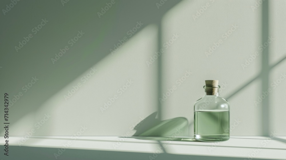 Obraz premium a bottle of green liquid sitting on top of a table next to a shadow of a light coming from a window on the side of the wall of a white wall.