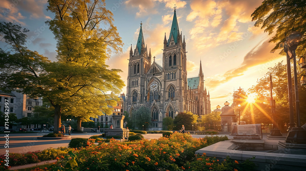 Gothic cathedral with intricate stained glass windows and towering spires, surrounded by a serene garden at sunset, the golden light casting long shadows