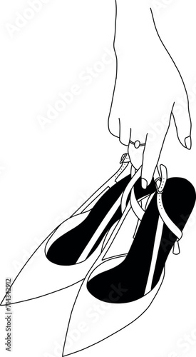 Hand-drawn right hand of a girl with a ring on her finger holding high-heeled shoes in her fingers