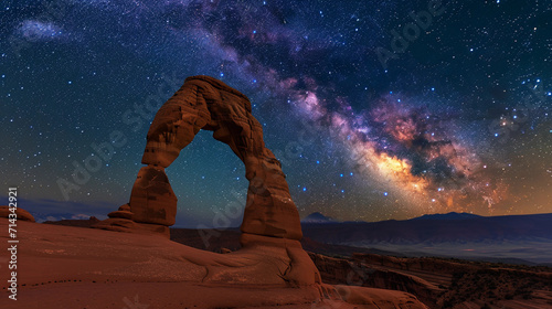 Arches National Park, showcasing the delicate arch with stars shining brightly above, and a realistic, detailed desert terrain