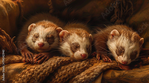 ferrets during their nap time, showcasing their peaceful and content expressions. The setting is a comfortable indoor space with gentle, ambient lighting, creating a calm and serene atmosphere