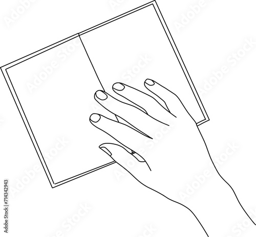 Hand drawn right hand lying on an open book top view