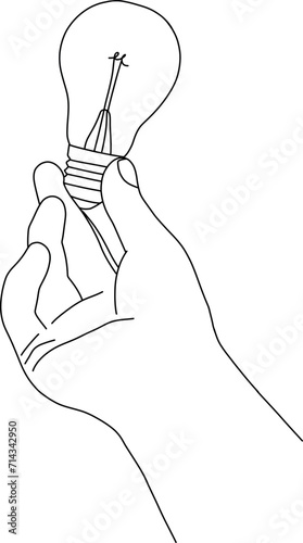 Hand drawn right hand holding a light bulb in its fingers pov