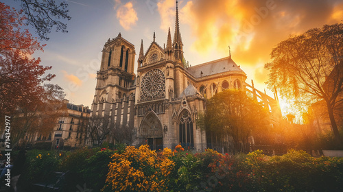 Gothic cathedral with intricate stained glass windows and towering spires, surrounded by a serene garden at sunset, the golden light casting long shadows
