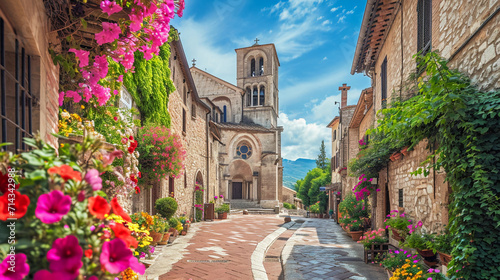 Fototapeta Naklejka Na Ścianę i Meble -  Romanesque cathedral with round arches and heavy stone construction, nestled in a quaint European village with cobblestone streets and blooming flowers
