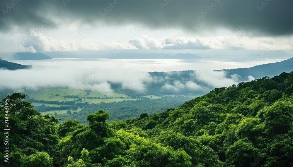 View of the sea of clouds from the top of the mountain peak. Tropical green forest