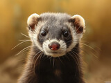 ferret looking directly at the camera, capturing its unique facial features and glossy fur. The background is blurred to emphasize the ferret's face, with natural lighting enhancing the texture and co