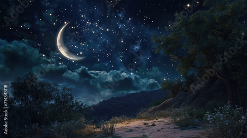 a painting of a night sky with stars and the moon in the sky above a hill with a tree on the left side of the picture and a hill to the right.