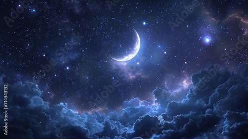  a night sky filled with clouds and a half moon in the middle of the night sky with stars and a crescent in the middle of the night sky with clouds.