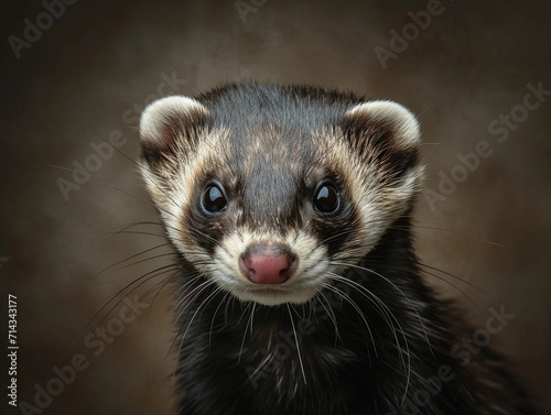 ferret looking directly at the camera, capturing its unique facial features and glossy fur. The background is blurred to emphasize the ferret's face, with natural lighting enhancing the texture and co © Marco Attano