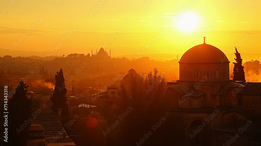 Byzantine cathedral with domes and mosaics, bathed in the warm light of the setting sun, with the silhouette of a distant city in the background