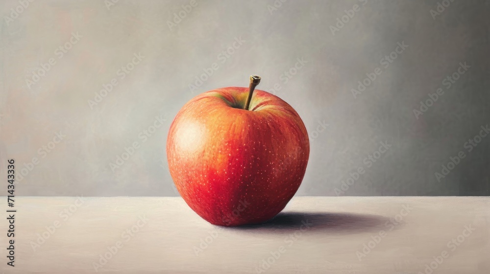 a red apple sitting on top of a table next to a gray wall with a shadow of a person's head on the top of the top of the apple. a red apple sitting on top of a table next to a gray wall with a shadow of a person's head on the top of the top of the apple.