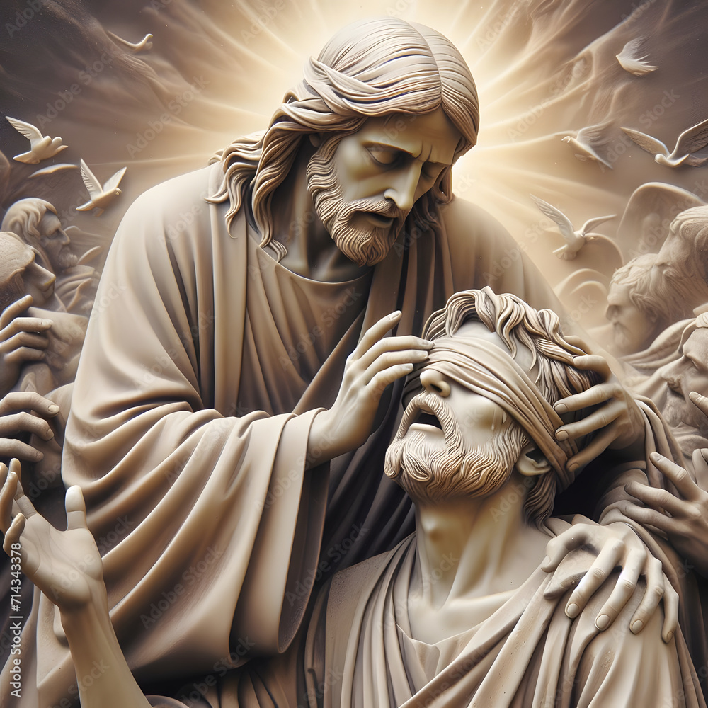 Obraz premium Jesus healing blind man. Concept of divine intervention miracle.