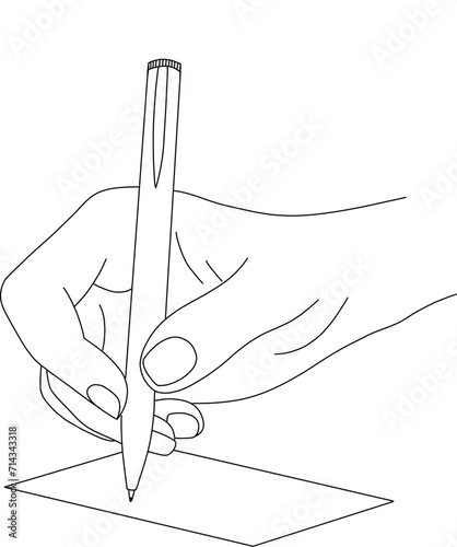 Hand drawing of a right hand writing on a sheet of paper with a pen