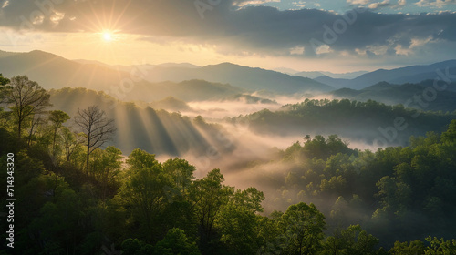 Great Smoky Mountains National Park, with fog gently rolling over the hills, and rays of sunlight piercing through, in vivid, realistic detail