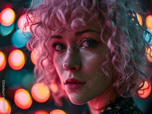 Photorealistic Adult White Woman with Pink Curly Hair vintage Illustration. Portrait of a person in 1970s era aesthetics. Disco fashion. Historic photo Ai Generated Horizontal Illustration.
