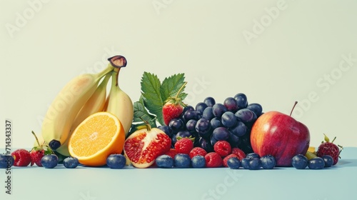  a pile of fruit sitting on top of a table next to a banana  oranges  raspberries  apples  and a cantaloupea.