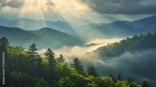 Great Smoky Mountains National Park, with fog gently rolling over the hills, and rays of sunlight piercing through, in vivid, realistic detail © Marco Attano