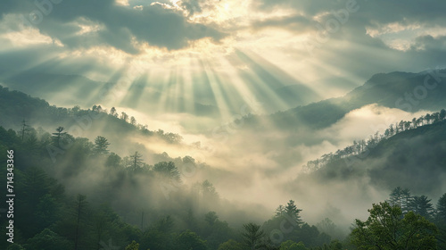 Great Smoky Mountains National Park, with fog gently rolling over the hills, and rays of sunlight piercing through, in vivid, realistic detail