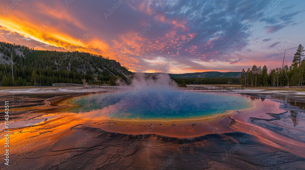 Fototapeta premium Yellowstone National Park, with vivid colors reflecting in the Grand Prismatic Spring, wildlife in the foreground, and a serene, natural landscape