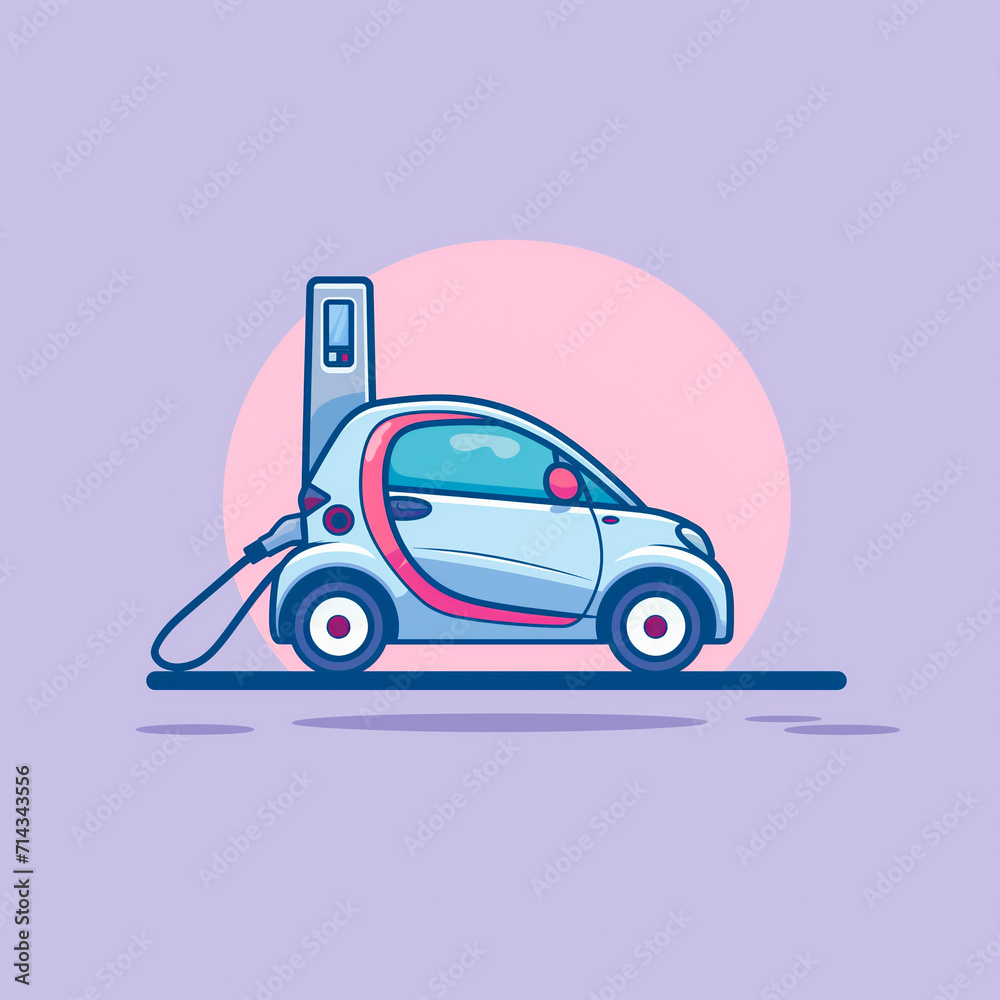 A Small Electric Car on Charge-Purple Pink and Blue