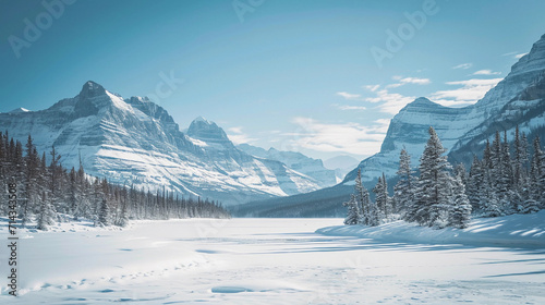 Glacier National Park in winter, showing snow-capped mountains, frozen lakes, and a peaceful, untouched snowy landscape © Marco Attano
