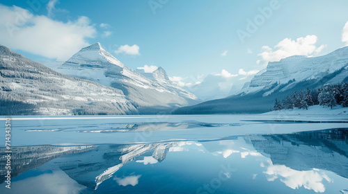 Glacier National Park in winter, showing snow-capped mountains, frozen lakes, and a peaceful, untouched snowy landscape