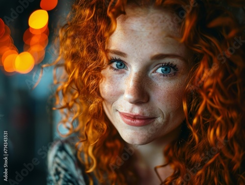 Photorealistic Adult White Woman with Red Curly Hair vintage Illustration. Portrait of a person in 1970s era aesthetics. Disco fashion. Historic photo Ai Generated Horizontal Illustration.