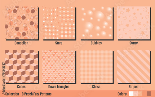 Set of 8 Peach Fuzz Tones Patterns - Dandelion, Stars, Bubbles, Starry, Cubes, Down Triangles, Cherss and Striped. Seamless link. photo