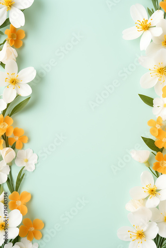 Borders of white and yellow flowers on green background. Spring pastel motif in flat lay. Springtime  easter and nature concept. Design for greeting cards  templates and invitations. With copy space