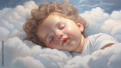 Baby sleeps on a white cloud in the blue sky like a little angel. Sweet dreams. AI Generated